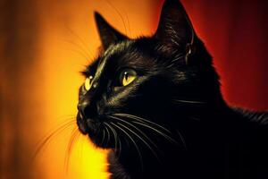 a black cat with yellow eyes against a red background generative AI photo