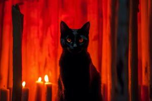 a black cat sitting in front of a red light generative AI photo