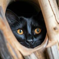 a black cat peeking out of a hole in a tree generative AI photo