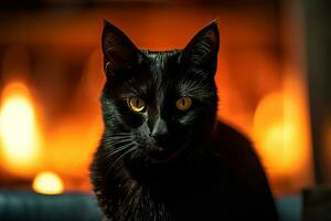 a black cat with yellow eyes sitting in front of a fireplace generative AI photo