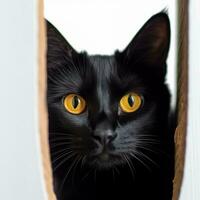 a black cat with yellow eyes peeking out of a cardboard box generative AI photo