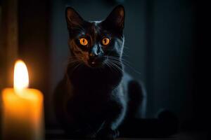 a black cat sitting next to a lit candle generative AI photo