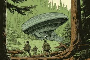 Ufo spaceship army forest. Generate Ai photo