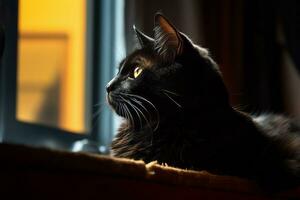 a black cat sitting on a window sill looking out the window generative AI photo