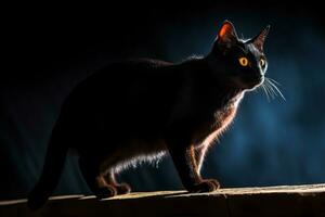 a black cat with yellow eyes standing on a ledge generative AI photo