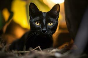 un negro gato con amarillo ojos sentado en el oscuro generativo ai foto