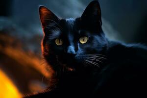 a black cat with yellow eyes sitting in front of a fire generative AI photo
