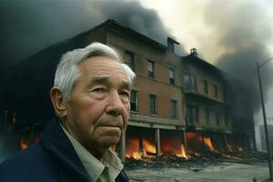 Elderly man building fire. Generate Ai photo