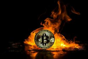 Burning bitcoin fire. Generate Ai photo