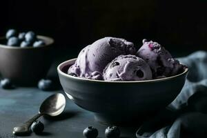 Blueberry ice cream bowl food. Generate Ai photo