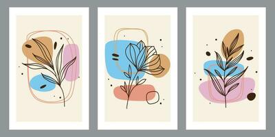 Collection of contemporary art posters in pastel colors. Abstract paper cut geometric elements and strokes, leaves and dots. Great deisgn for social media, postcards, print. vector