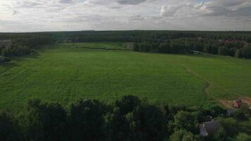 Flying over green field and rural road near the village, Russia video