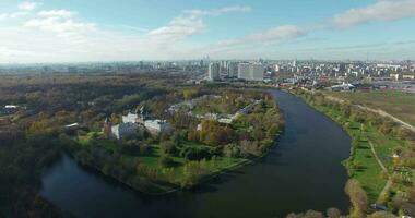 An aerial view of a beautiful pond among green trees against sunny urbanscape video