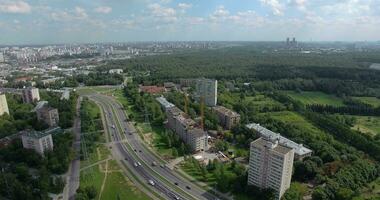 Aerial panorama of Moscow buildings and vast greenspace, Russia video