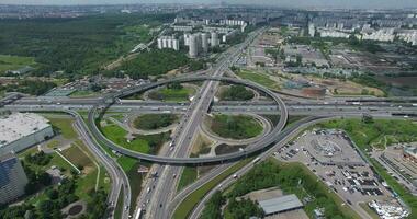Aerial Moscow cityscape with busy roads and interchange, Russia video