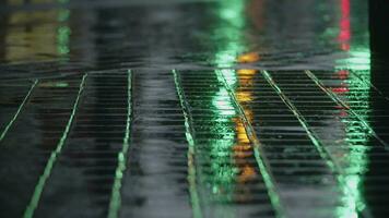 Evening rain, road lights reflecting on wet sidewalk video