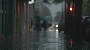 een wazig visie van een geplaveid straat Aan een regenachtig avond video