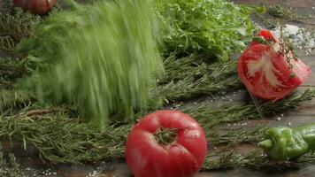 vegetariano impostato su il tavolo. fresco erbe aromatiche, insalata e pomodori video