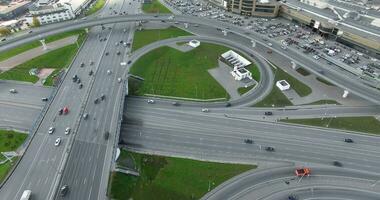 An aerial view of a large road junction close to the open parking lot video