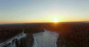 Aerial landscape of sunrise over the forest in winter video