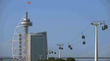 Lisbon scene with Telecabine North Station and Vasco da Gama Bridge, Portugal video