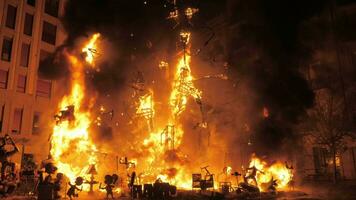 Burning traditional festive constructions on Falles night in Valencia video