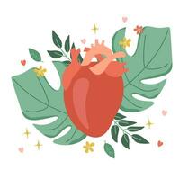 Heart organ. Composition of the heart on the background of leaves. Vector illustration