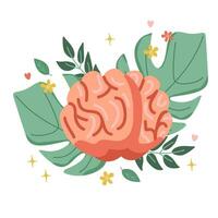 Human brain. Brain composition on the background of leaves. Vector illustration