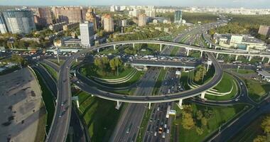 Aerial shot of Moscow cityscape with busy interchanges, Russia video