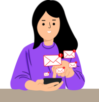 woman checking email inbox serves alert notifications. Cautionary measures ensure protection from junk and trash mail png