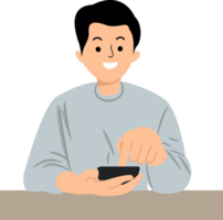 Man with a finger on the screen using a mobile phone in the office png