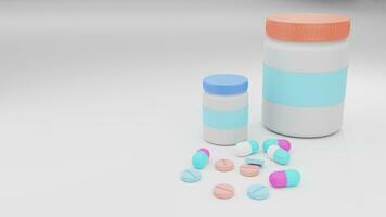 3D render of medicine bottle, pills, tablet and capsule, Medical treatment, medicines for pain relief photo