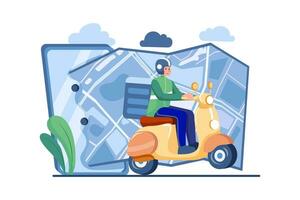 Customers ordering on mobile application,The motorcyclist goes according to the GPS map vector