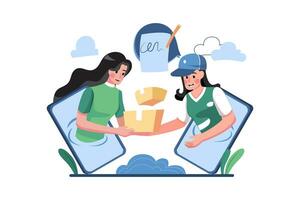 A young woman receiving parcel from delivery service courier through smart phone screen vector