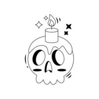 Halloween cartoon elements. Skull with a candle. Line art. vector