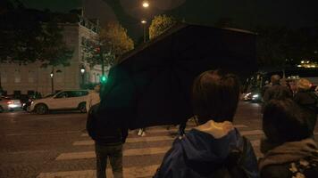 pedoni attraversamento il strada su verde traffico luci nel notte città Parigi, Francia video