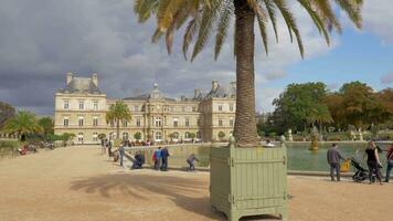 Visitors in Luxembourg Gardens View with Palace and Pool, Paris video