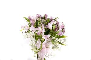 bouquet of purple small flowers in vase isolated on white photo