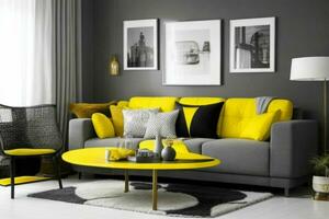 Modern living room design with comfortable sofa and elegant decoration photo