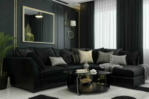 moderno vivo habitación diseño con cómodo sofá y elegante decoración foto