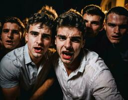 photo group of rage angry teenage college boy fighting the other with wound on face, generative AI