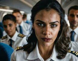 photo of rage angry air hostess crew woman arguing the other with wound on face, generative AI