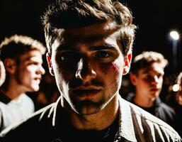 photo group of rage angry teenage college boy fighting the other with wound on face, generative AI