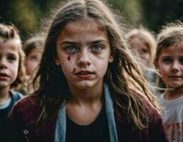 photo group of girl being bullied with wound and blood in the gang, generative AI