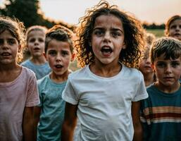 photo group of girl being bullied with wound and blood in the gang, generative AI