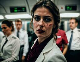 photo of rage angry air hostess crew woman arguing the other with wound on face, generative AI