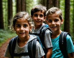 foto grupo de niños como un mochilero en el oscuro madera, generativo ai