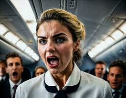 photo of rage angry air hostess crew woman arguing the other with wound on face, generative AI