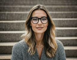 photo of beautiful woman with black bold glasses at staircase in front of building, generative AI