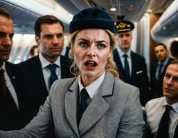 photo of rage angry air hostess crew woman arguing the other with wound on face, generative AI